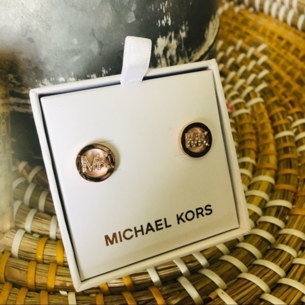 Michael Kors Rose Gold MK Crystal Logo Stud Earrings NWT